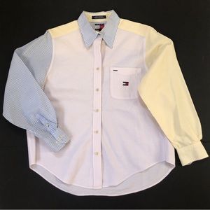 Vintage 90s Women's Tommy Hilfiger Pastel Colorblock Stripe Button-Down Shirt
